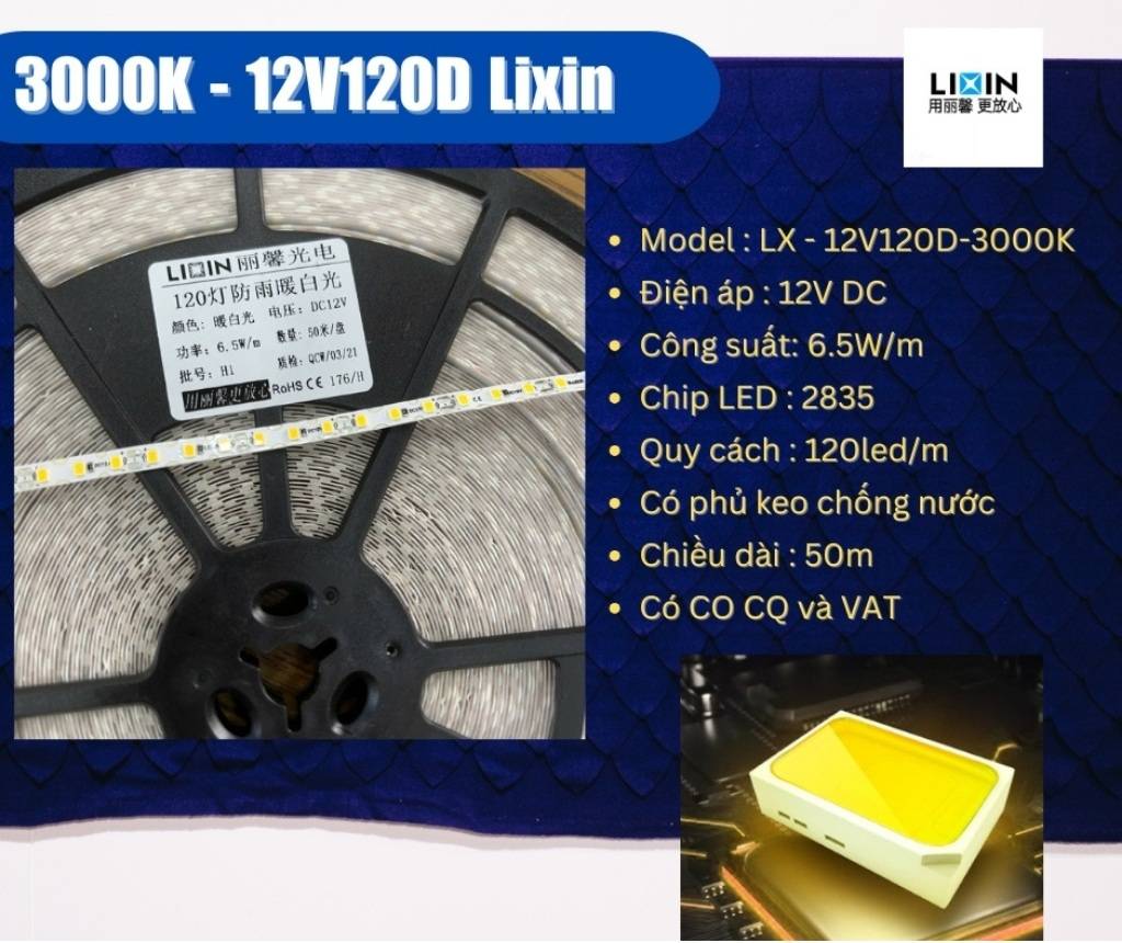 Tổng đại lý Led dây dán ziczac 12V 120 led vàng nắng 3000K LIXIN ngoài trời LS46