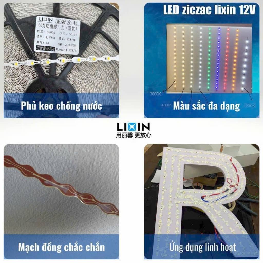 Giá sỉ Led dây dán ziczac 12V 60 led vàng nắng 3200K LIXIN ngoài trời