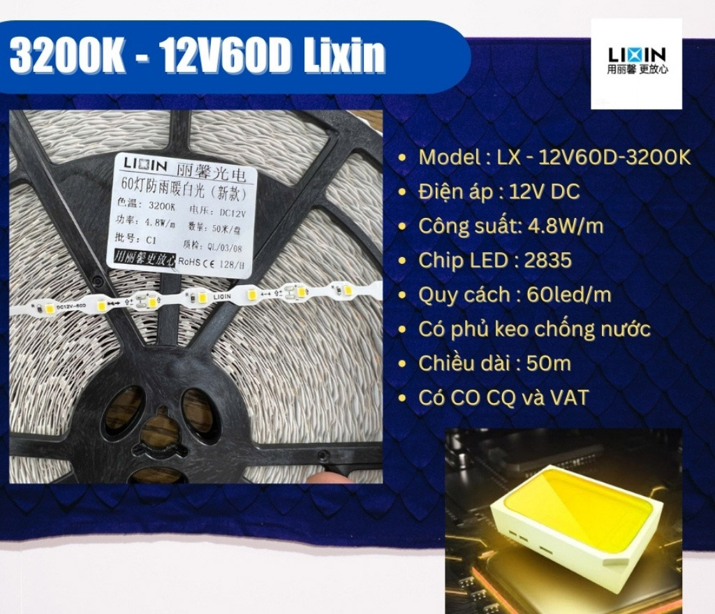 Nhà phân phối Led dây dán ziczac 12V 60 led vàng nắng 3200K LIXIN ngoài trời LS37