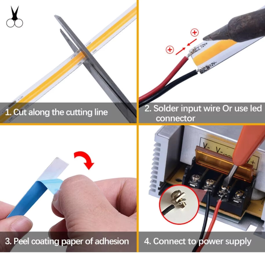 Cách sử dụng Led dây dán COB 12V 320 led trắng ấm ngoài trời LS63